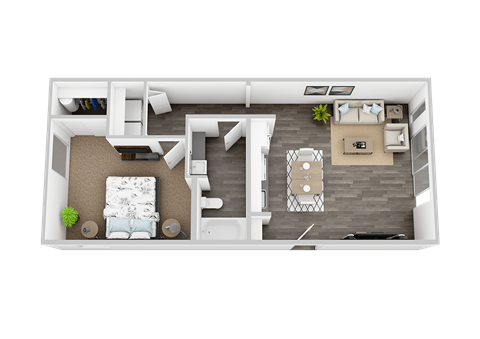 A top-down view of a small apartment with a living room, kitchen, and bedroom.